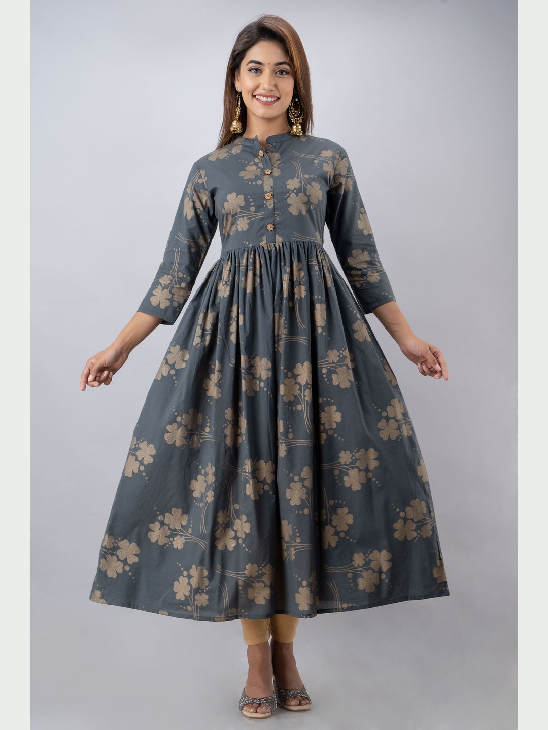 Cotton Printed Mandarin Neck 3/4 Sleeve Flared Ankle Length Kurta