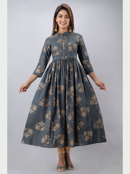Cotton Printed Mandarin Neck 3/4 Sleeve Flared Ankle Length Kurta