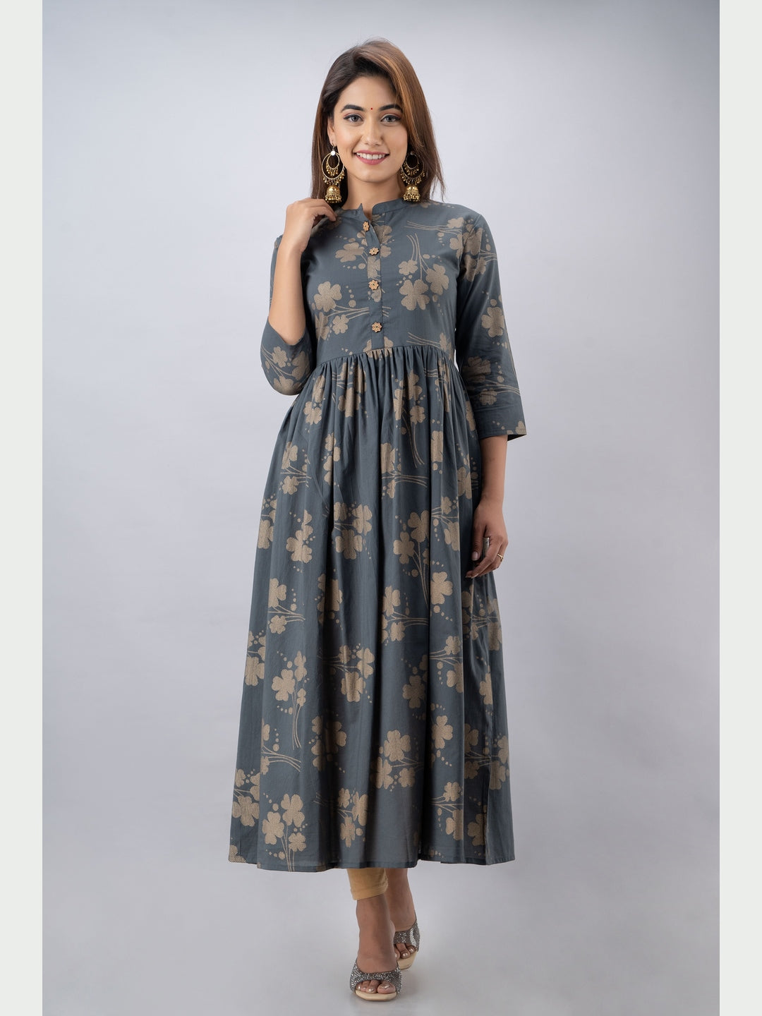 Cotton Printed Mandarin Neck 3/4 Sleeve Flared Ankle Length Kurta