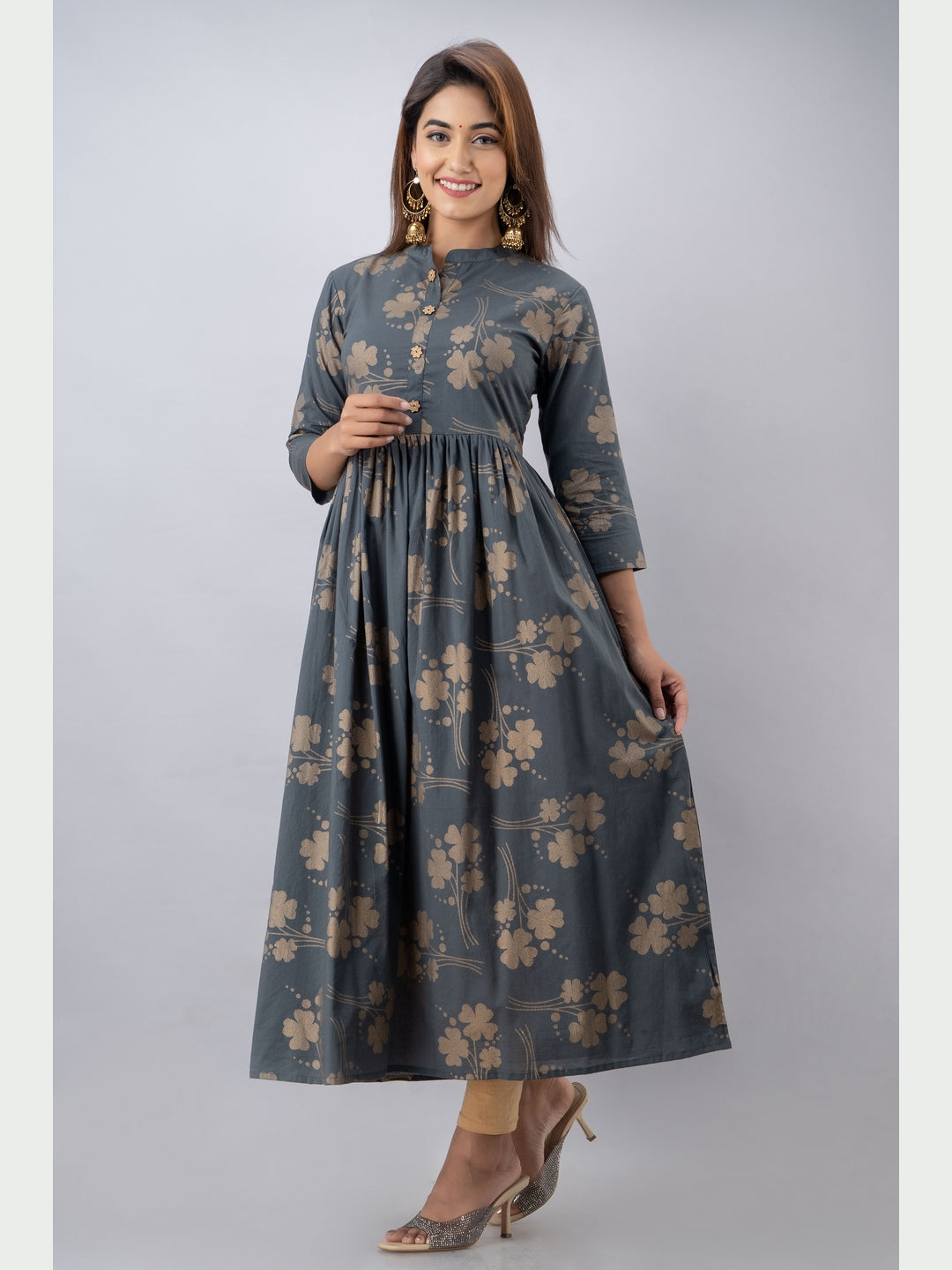 Cotton Printed Mandarin Neck 3/4 Sleeve Flared Ankle Length Kurta