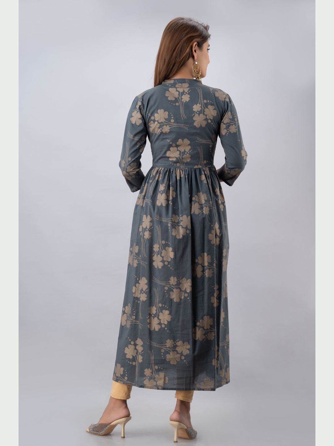 Cotton Printed Mandarin Neck 3/4 Sleeve Flared Ankle Length Kurta