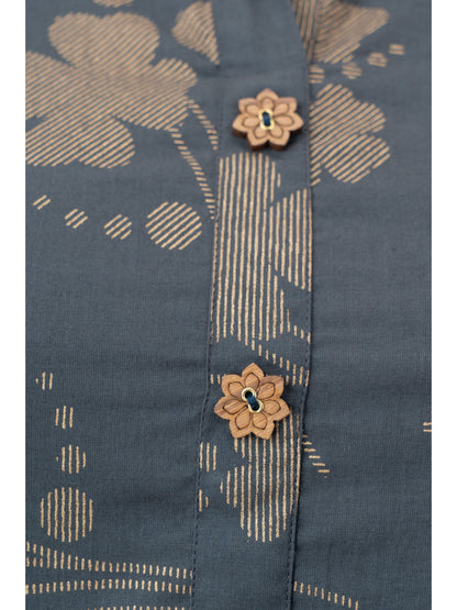 Cotton Printed Mandarin Neck 3/4 Sleeve Flared Ankle Length Kurta