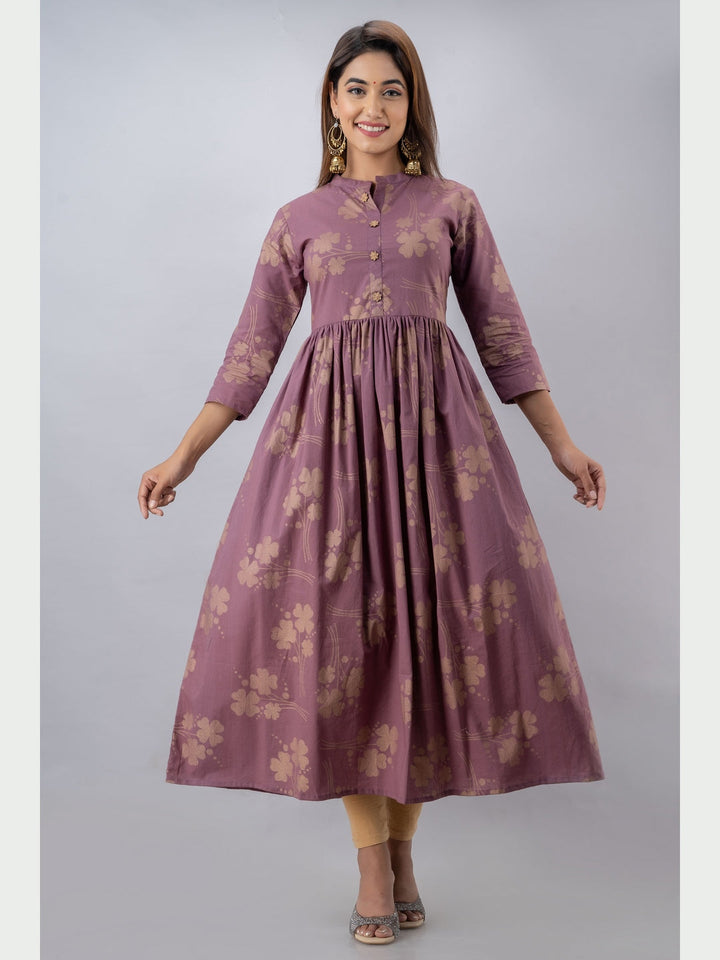 Cotton Printed Mandarin Neck 3/4 Sleeve Flared Ankle Length Kurta