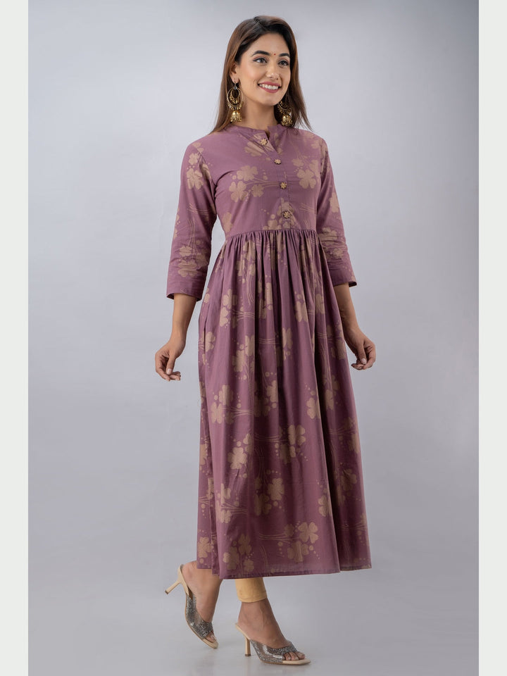 Cotton Printed Mandarin Neck 3/4 Sleeve Flared Ankle Length Kurta