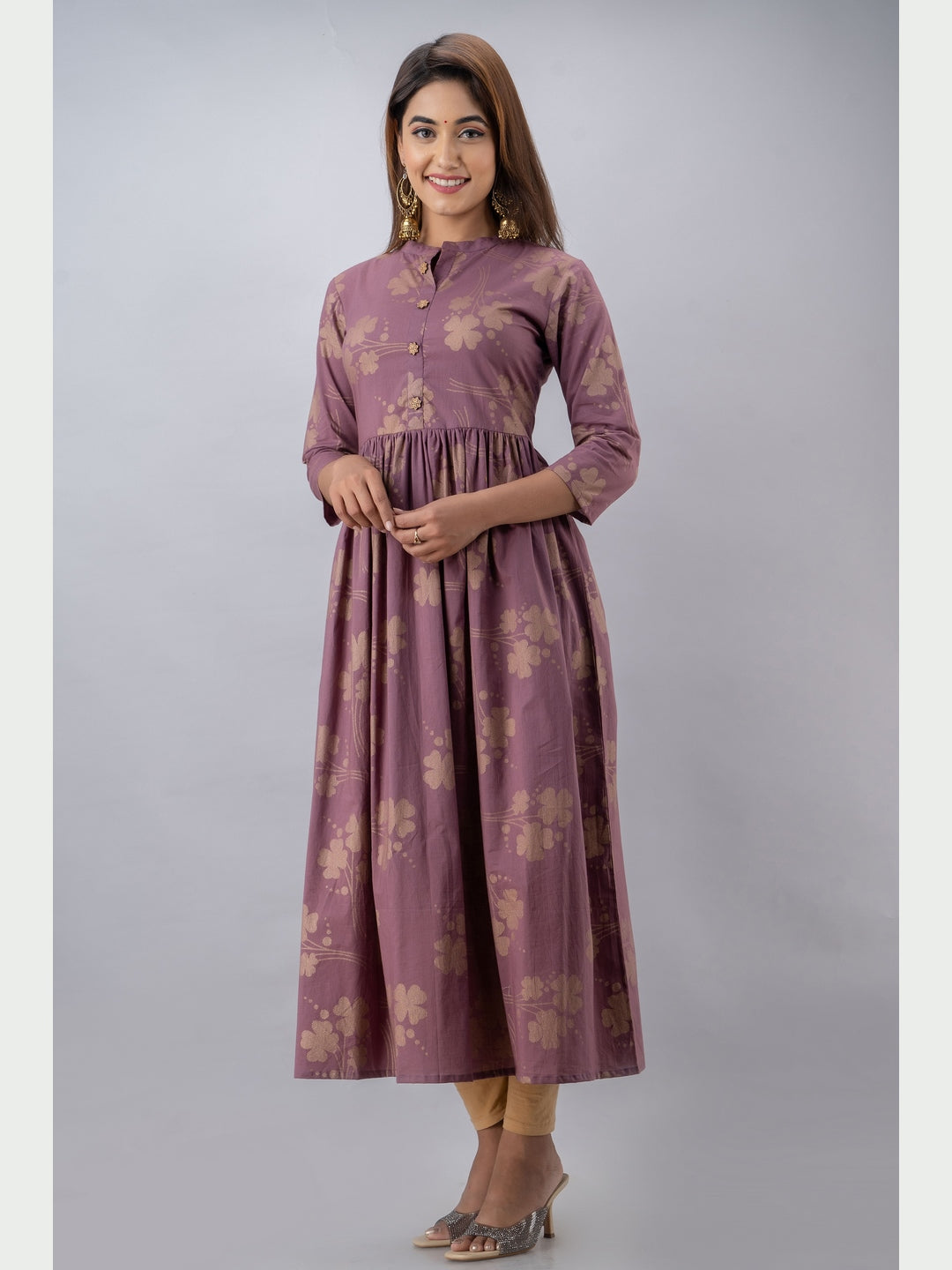 Cotton Printed Mandarin Neck 3/4 Sleeve Flared Ankle Length Kurta