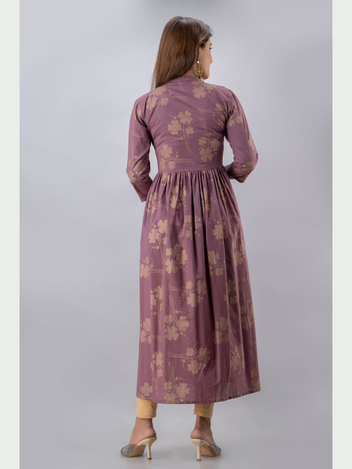 Cotton Printed Mandarin Neck 3/4 Sleeve Flared Ankle Length Kurta