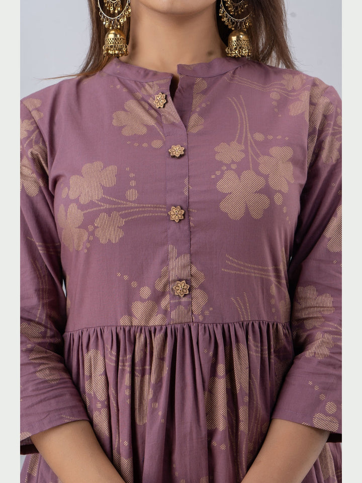 Cotton Printed Mandarin Neck 3/4 Sleeve Flared Ankle Length Kurta