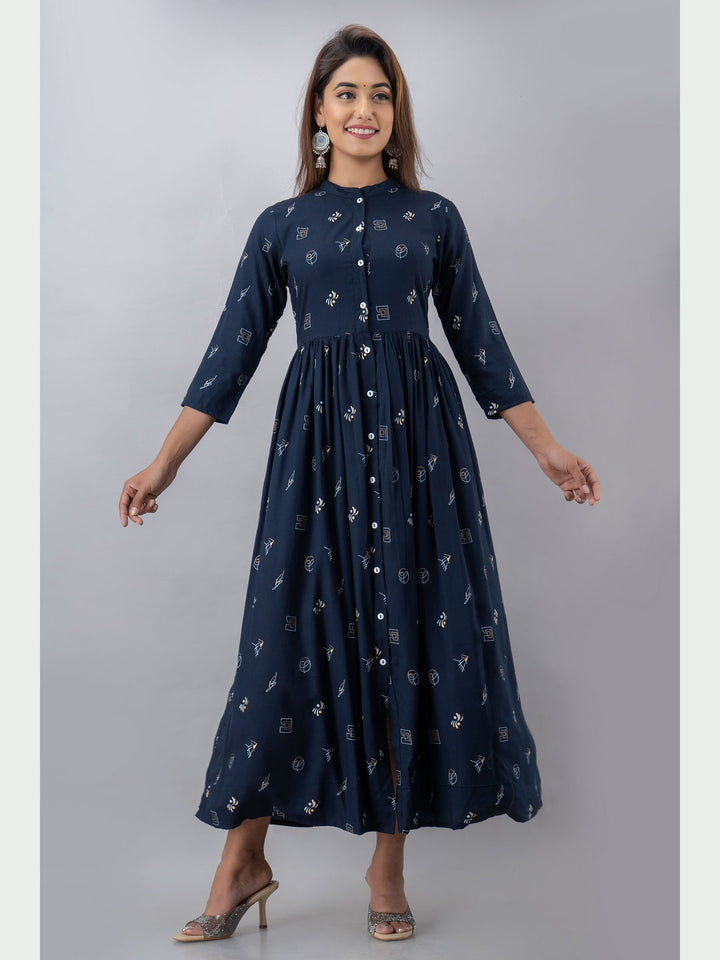 Cotton Printed Mandarin Neck 3/4 Sleeve Flared Ankle Length Kurta