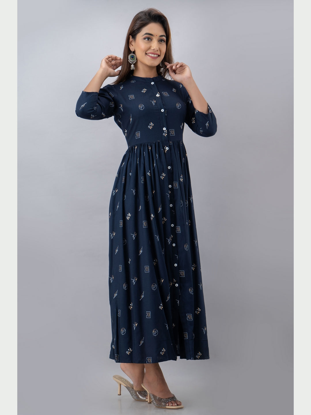Cotton Printed Mandarin Neck 3/4 Sleeve Flared Ankle Length Kurta