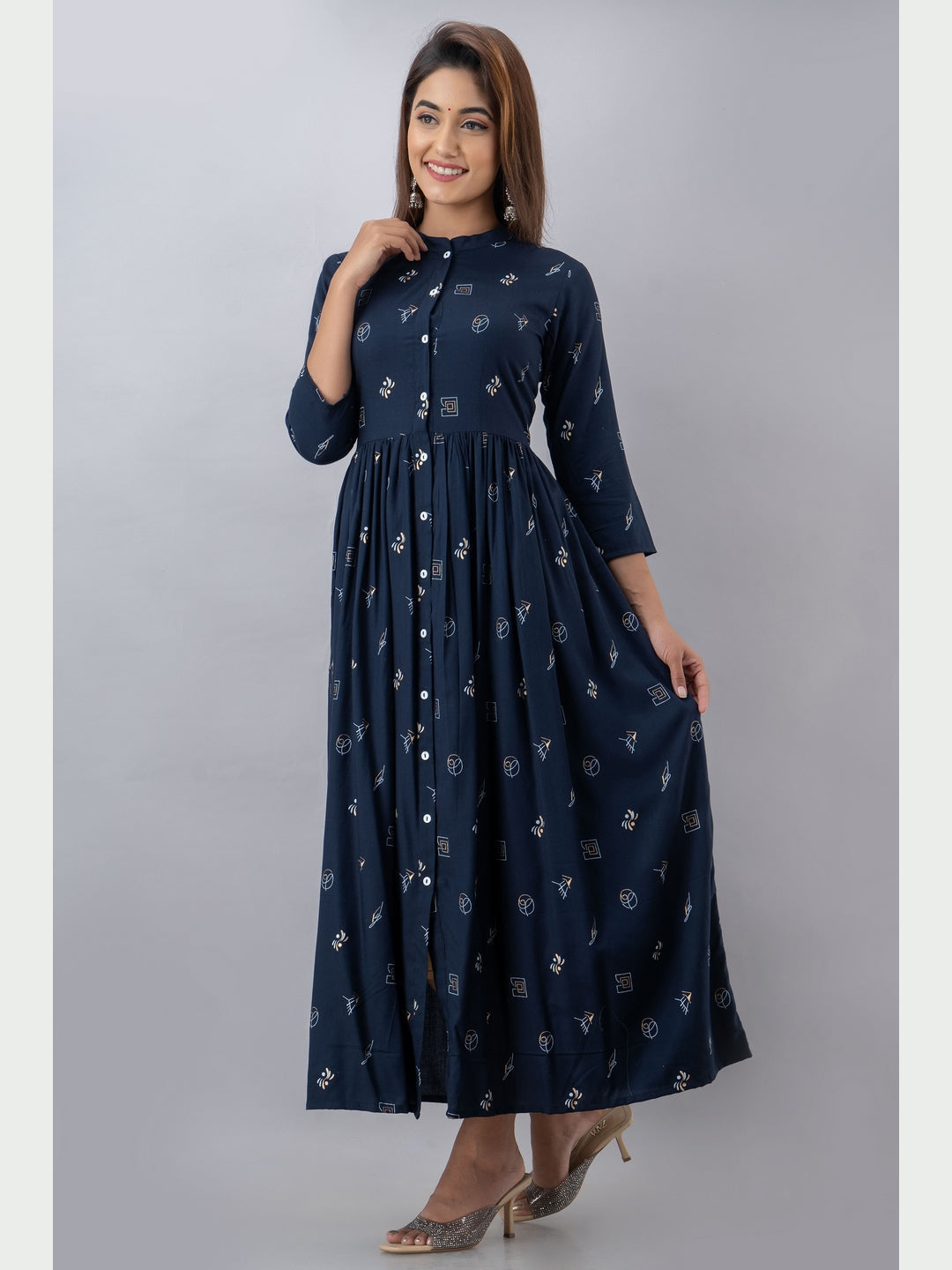 Cotton Printed Mandarin Neck 3/4 Sleeve Flared Ankle Length Kurta
