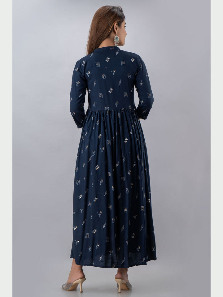 Cotton Printed Mandarin Neck 3/4 Sleeve Flared Ankle Length Kurta