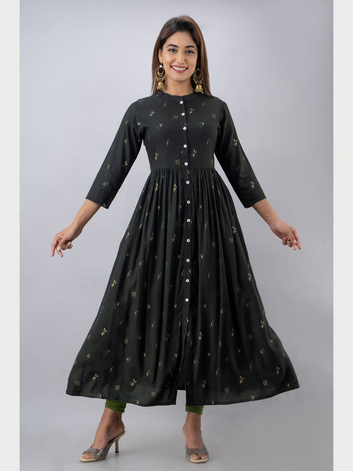 Cotton Printed Mandarin Neck 3/4 Sleeve Flared Ankle Length Kurta