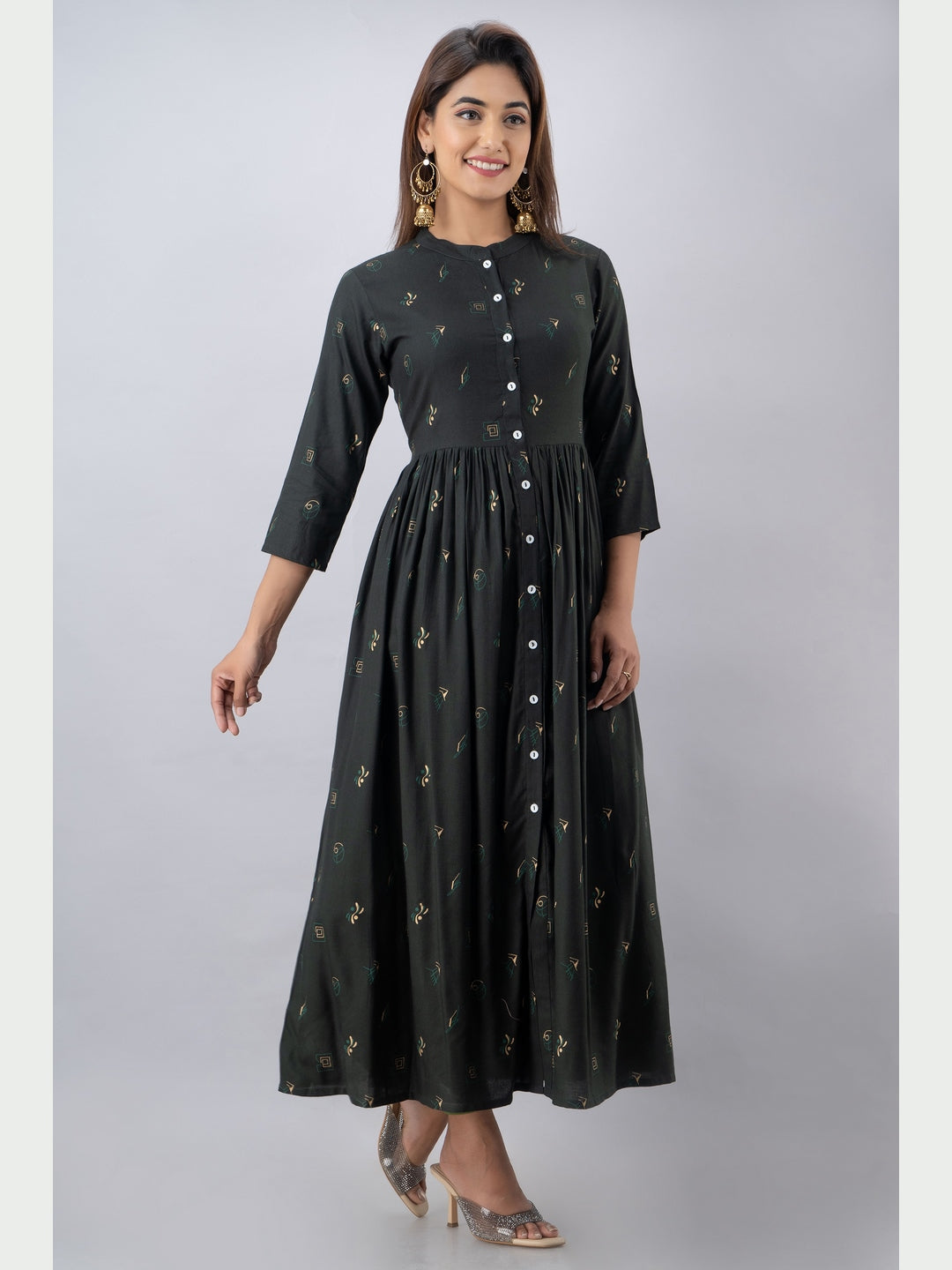 Cotton Printed Mandarin Neck 3/4 Sleeve Flared Ankle Length Kurta