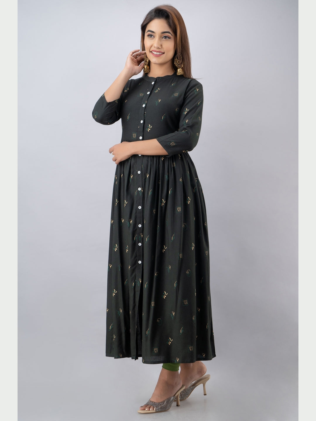 Cotton Printed Mandarin Neck 3/4 Sleeve Flared Ankle Length Kurta