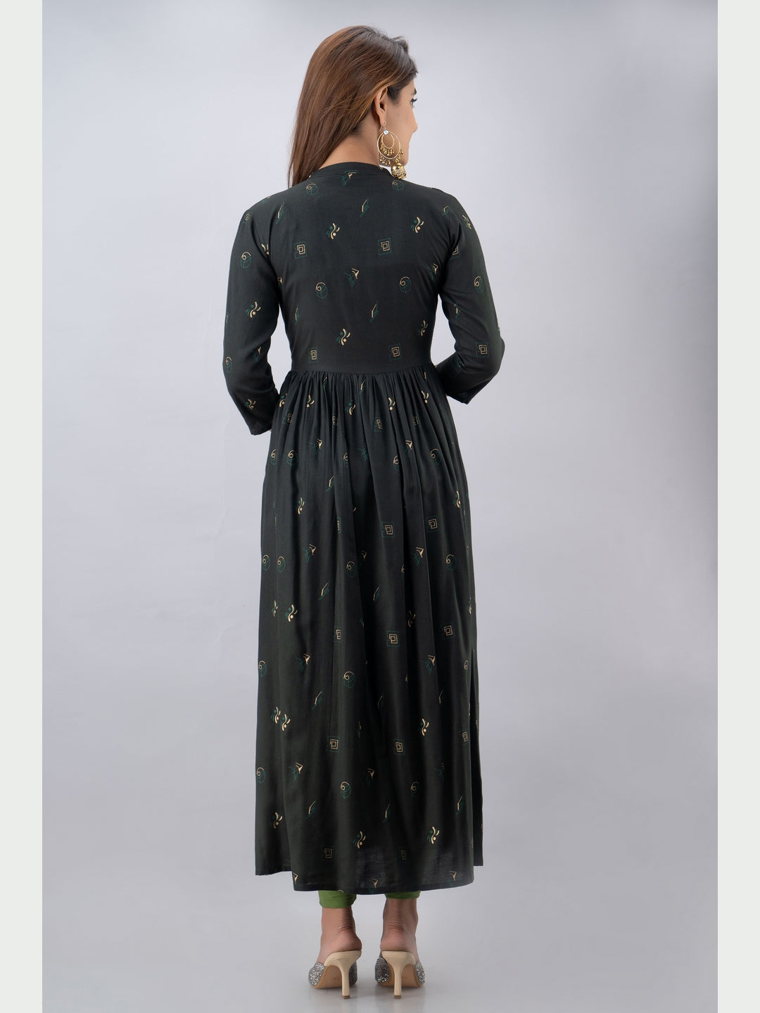 Cotton Printed Mandarin Neck 3/4 Sleeve Flared Ankle Length Kurta