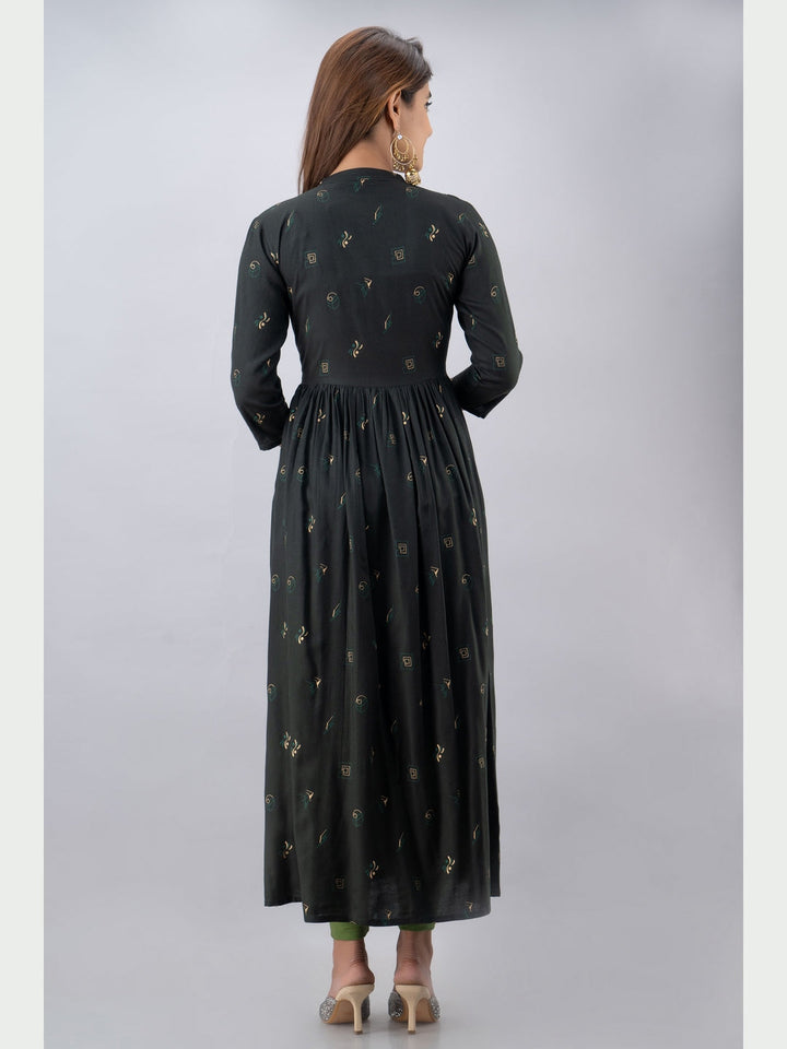 Cotton Printed Mandarin Neck 3/4 Sleeve Flared Ankle Length Kurta