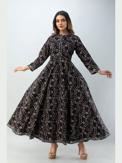 Cotton Printed Mandarin Neck 3/4 Sleeve Flared Ankle Length Kurta