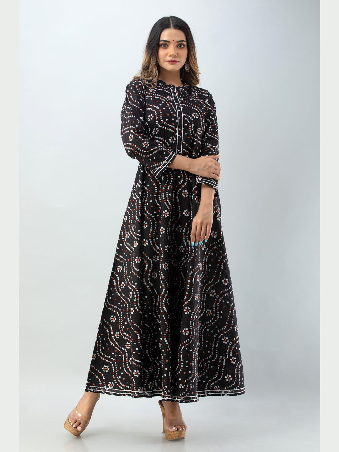Cotton Printed Mandarin Neck 3/4 Sleeve Flared Ankle Length Kurta