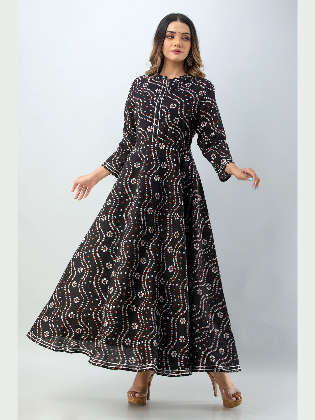 Cotton Printed Mandarin Neck 3/4 Sleeve Flared Ankle Length Kurta