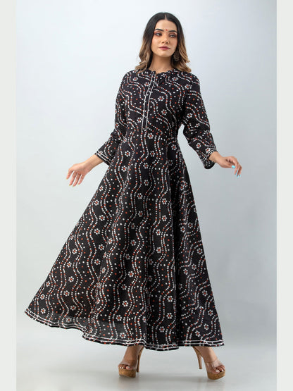 Cotton Printed Mandarin Neck 3/4 Sleeve Flared Ankle Length Kurta