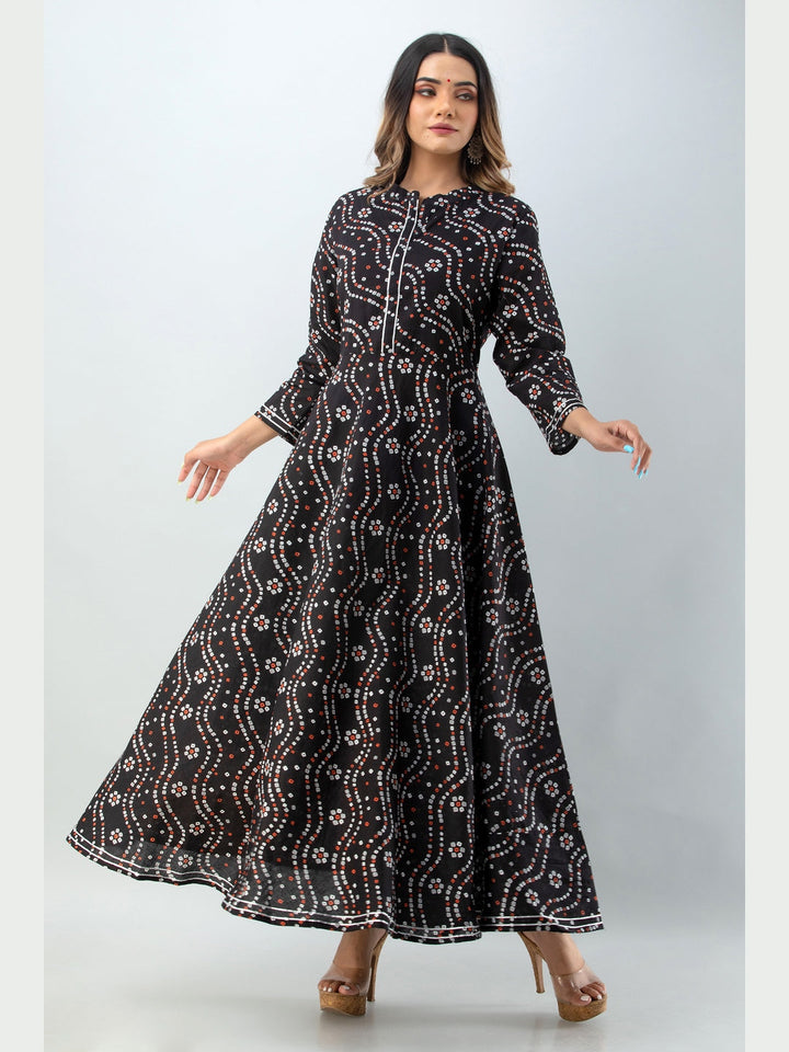 Cotton Printed Mandarin Neck 3/4 Sleeve Flared Ankle Length Kurta