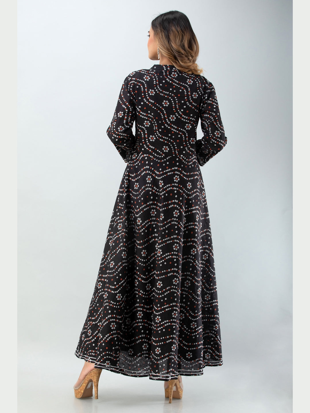 Cotton Printed Mandarin Neck 3/4 Sleeve Flared Ankle Length Kurta