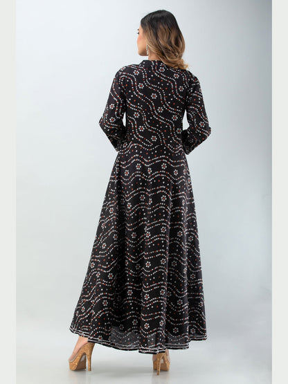 Cotton Printed Mandarin Neck 3/4 Sleeve Flared Ankle Length Kurta