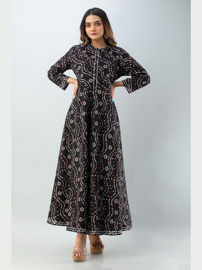 Cotton Printed Mandarin Neck 3/4 Sleeve Flared Ankle Length Kurta
