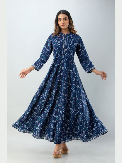 Cotton Printed Mandarin Neck 3/4 Sleeve Flared Ankle Length Kurta