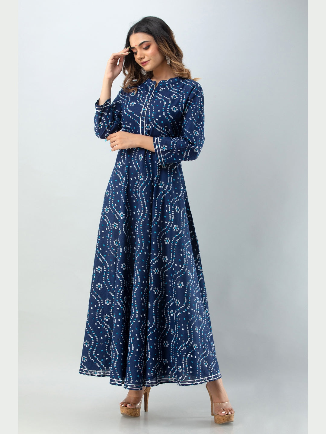 Cotton Printed Mandarin Neck 3/4 Sleeve Flared Ankle Length Kurta