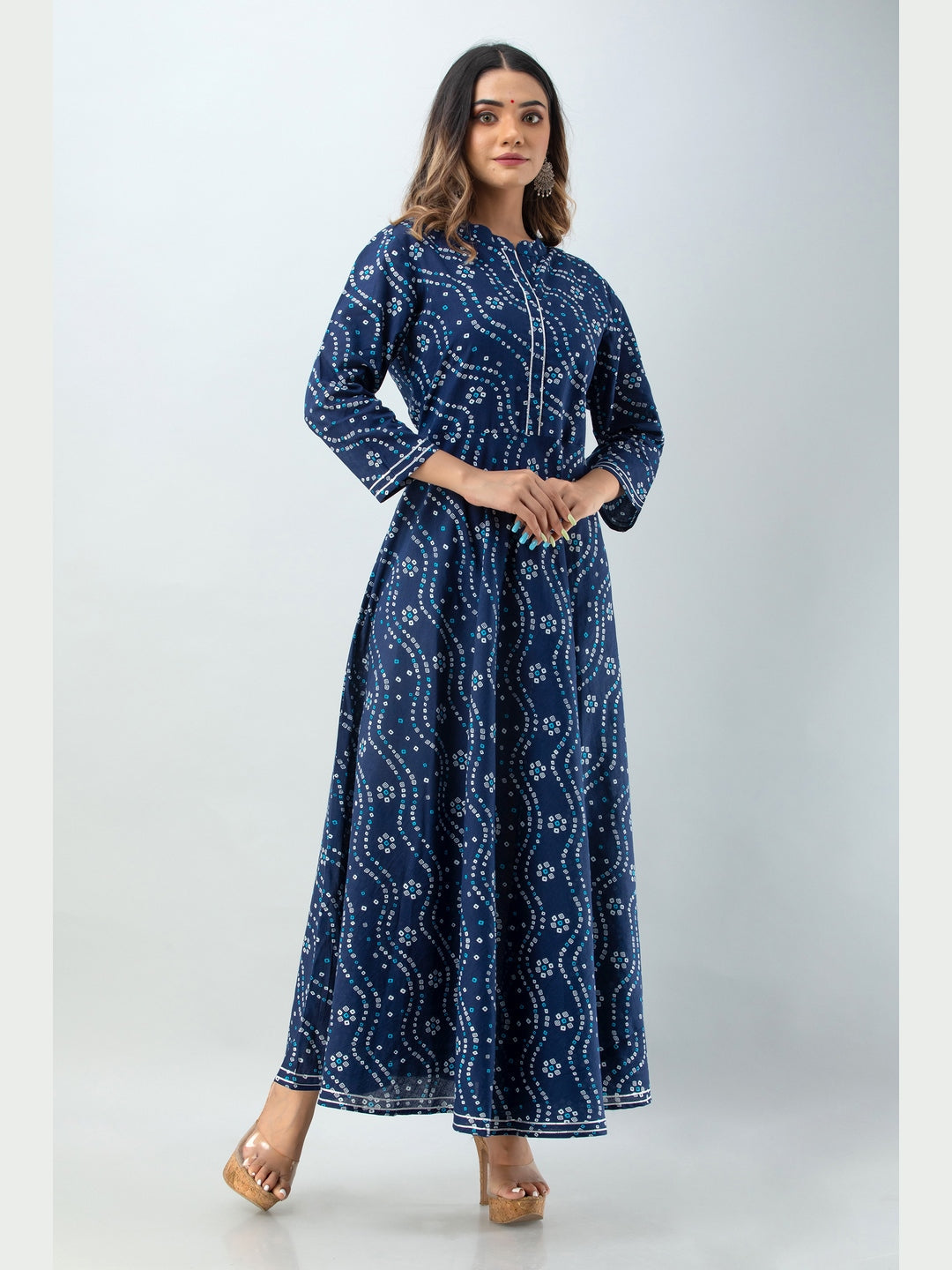Cotton Printed Mandarin Neck 3/4 Sleeve Flared Ankle Length Kurta