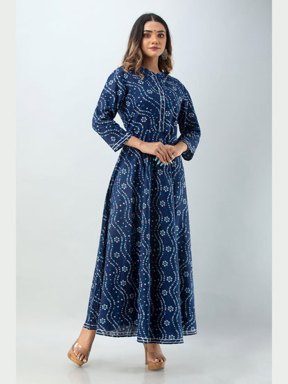 Cotton Printed Mandarin Neck 3/4 Sleeve Flared Ankle Length Kurta
