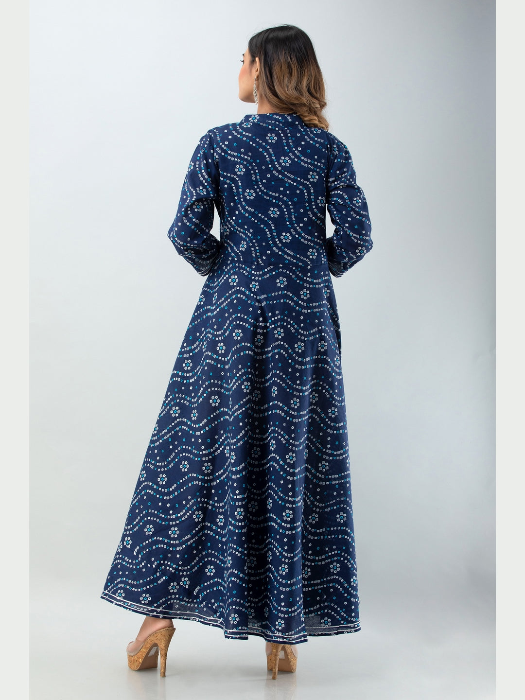 Cotton Printed Mandarin Neck 3/4 Sleeve Flared Ankle Length Kurta