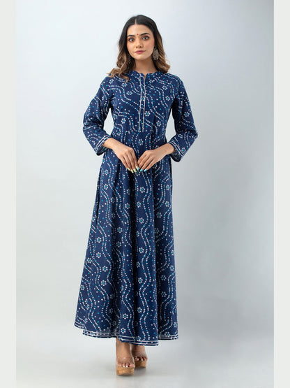 Cotton Printed Mandarin Neck 3/4 Sleeve Flared Ankle Length Kurta