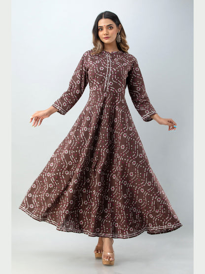 Cotton Printed Mandarin Neck 3/4 Sleeve Flared Ankle Length Kurta