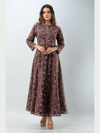 Cotton Printed Mandarin Neck 3/4 Sleeve Flared Ankle Length Kurta