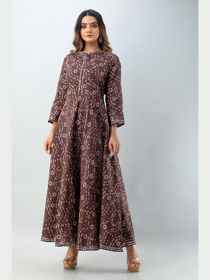 Cotton Printed Mandarin Neck 3/4 Sleeve Flared Ankle Length Kurta