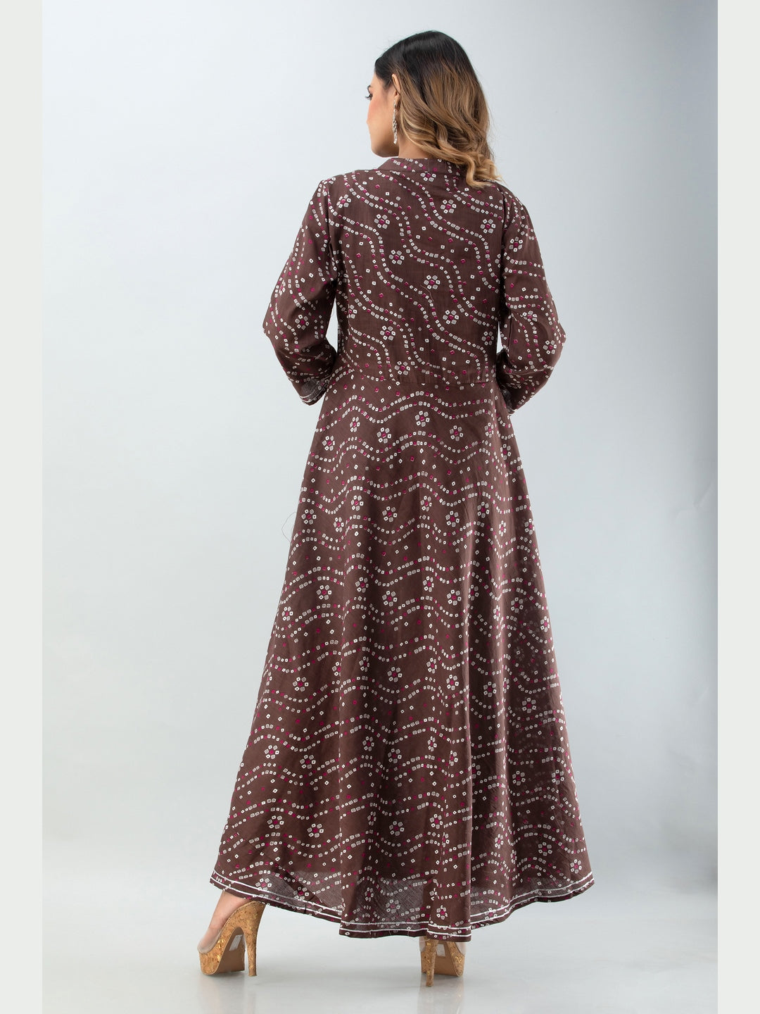 Cotton Printed Mandarin Neck 3/4 Sleeve Flared Ankle Length Kurta