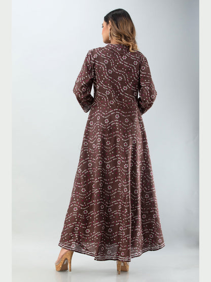 Cotton Printed Mandarin Neck 3/4 Sleeve Flared Ankle Length Kurta
