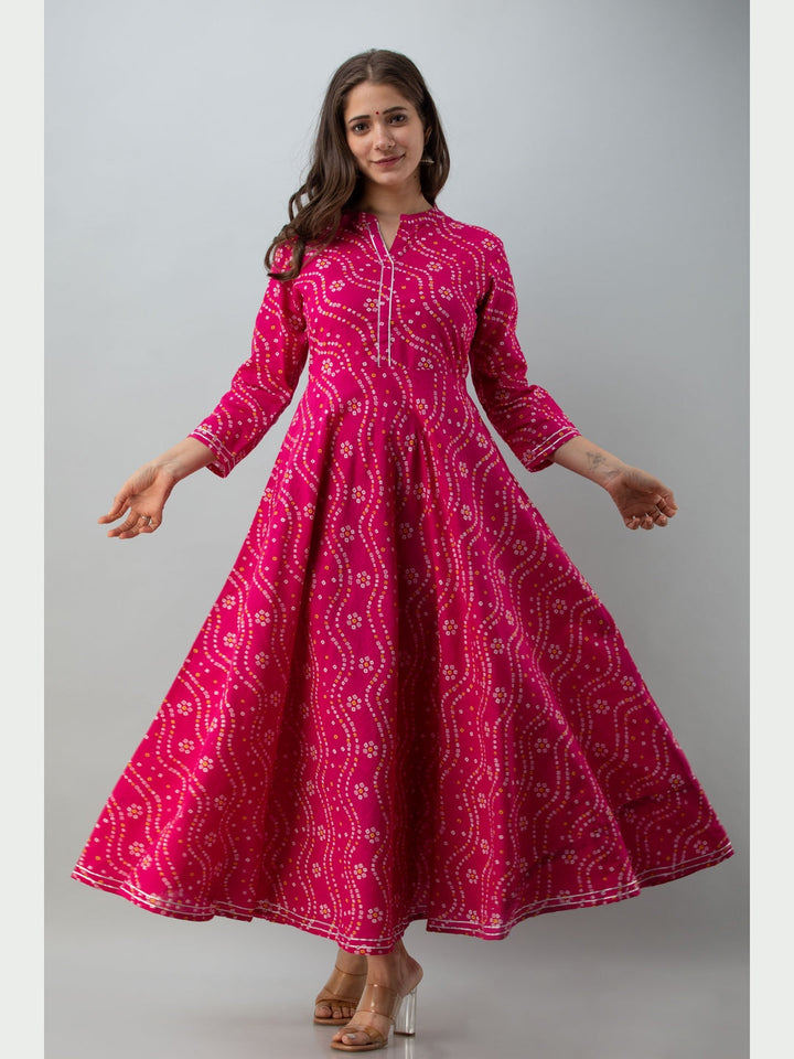 Cotton Printed Mandarin Neck 3/4 Sleeve Flared Ankle Length Kurta