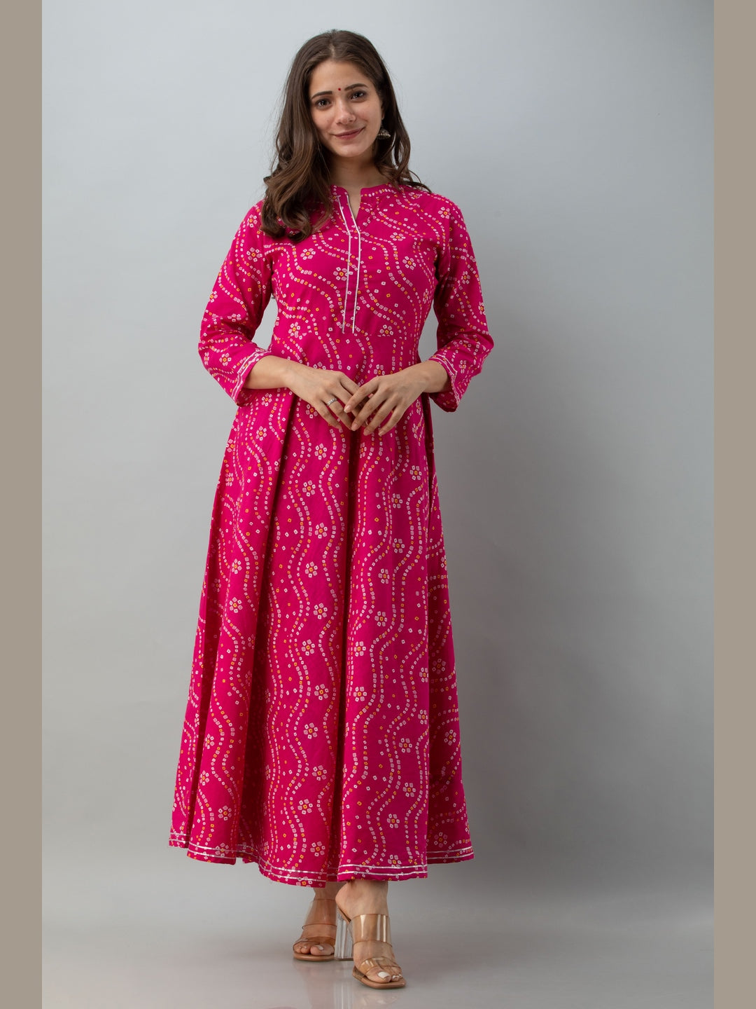 Cotton Printed Mandarin Neck 3/4 Sleeve Flared Ankle Length Kurta