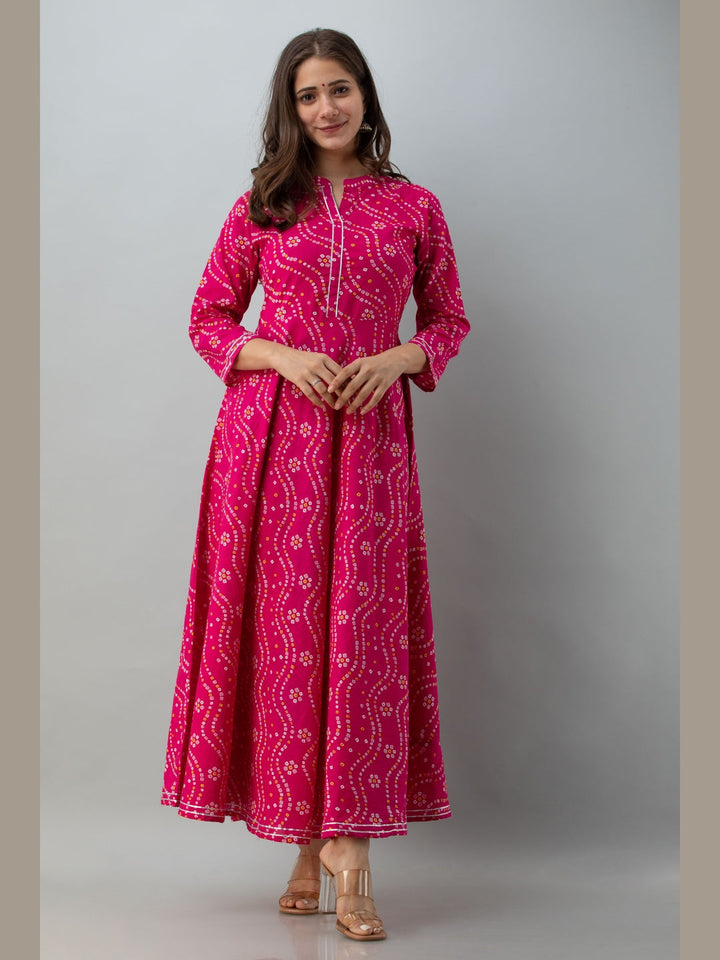 Cotton Printed Mandarin Neck 3/4 Sleeve Flared Ankle Length Kurta
