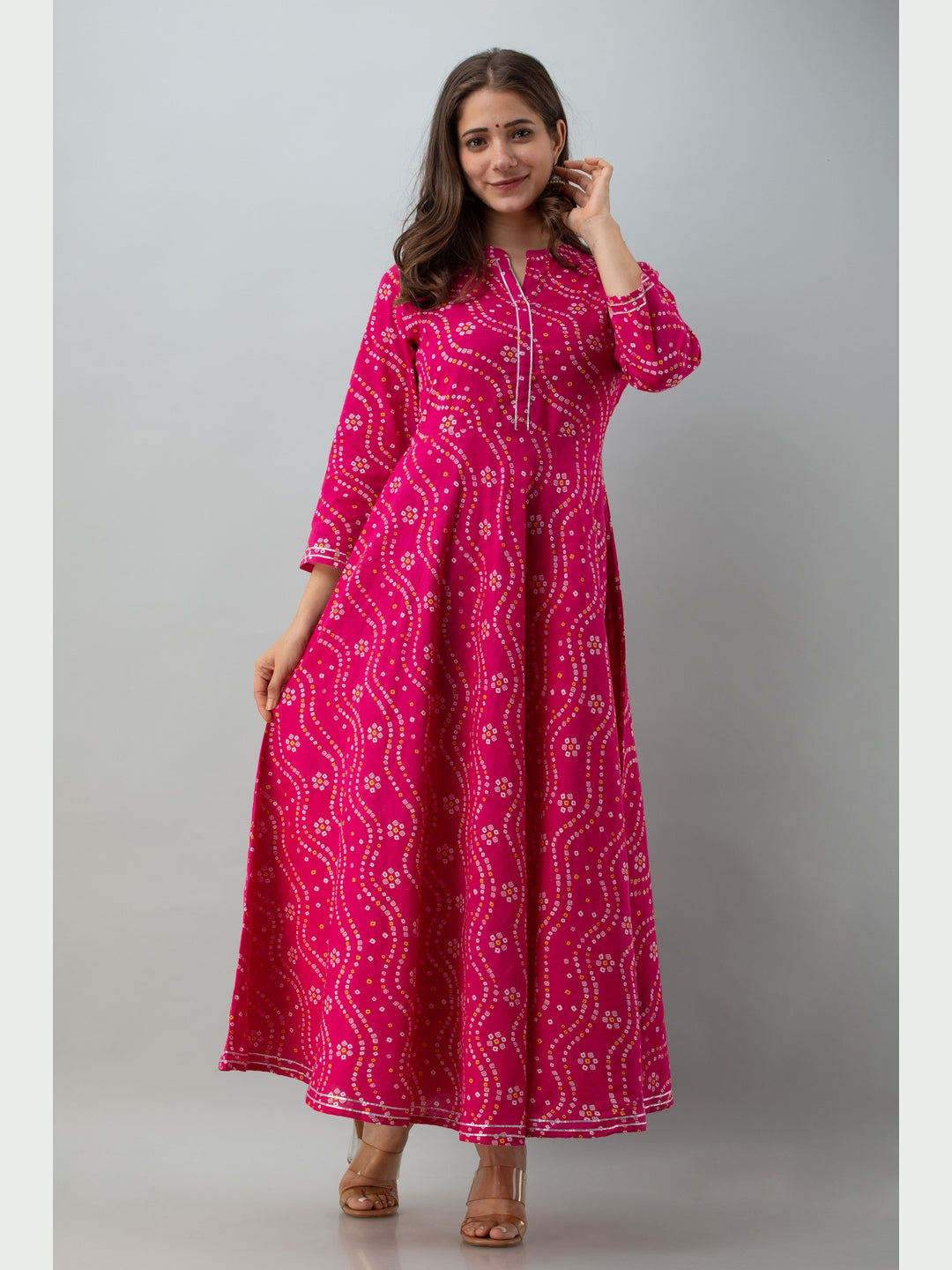 Cotton Printed Mandarin Neck 3/4 Sleeve Flared Ankle Length Kurta