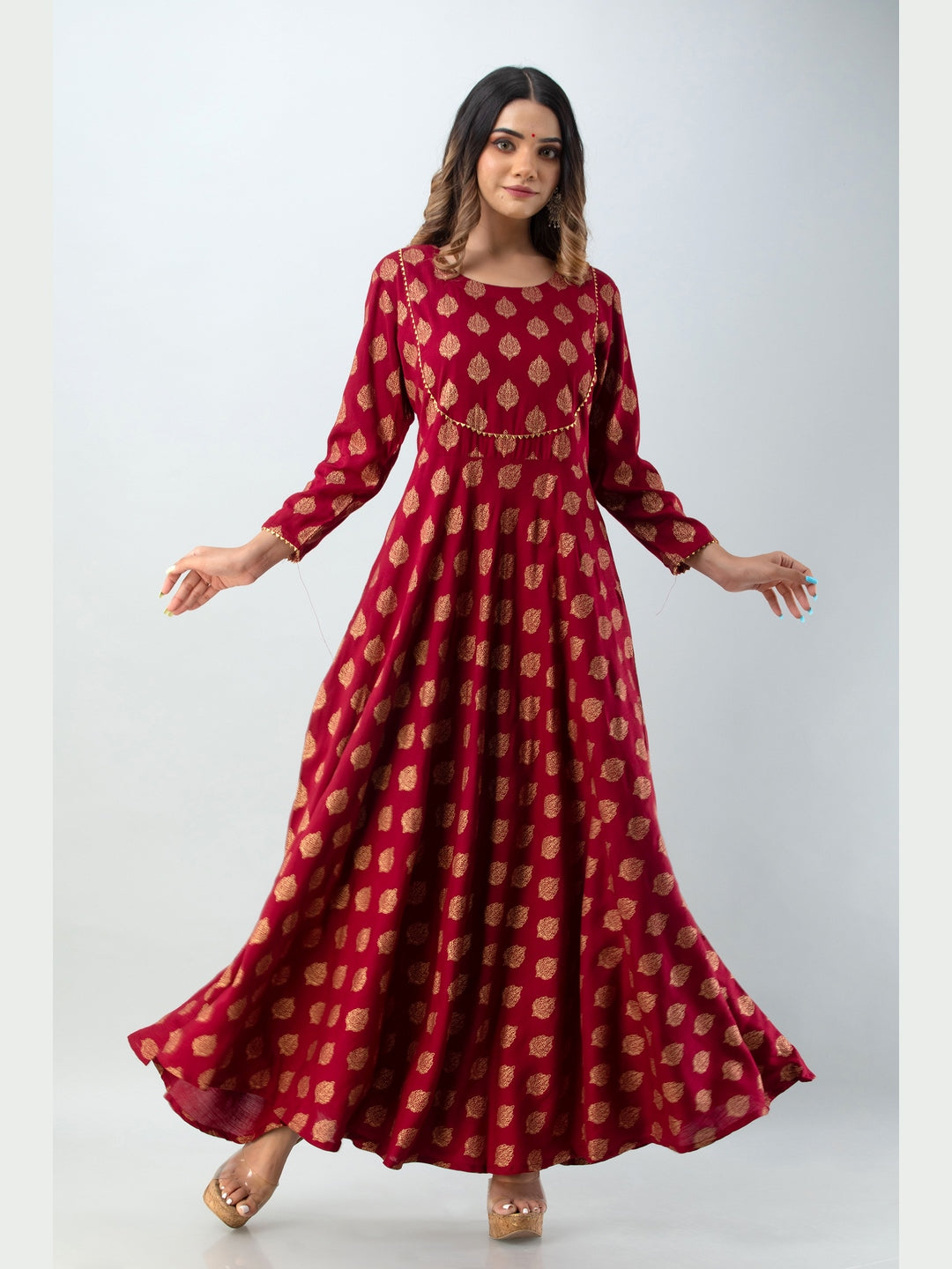 Cotton Printed Round Neck 3/4 Sleeve Flared Ankle Length Kurta