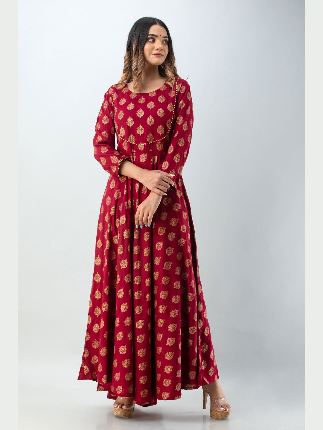 Cotton Printed Round Neck 3/4 Sleeve Flared Ankle Length Kurta
