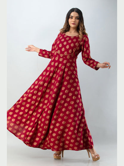Cotton Printed Round Neck 3/4 Sleeve Flared Ankle Length Kurta