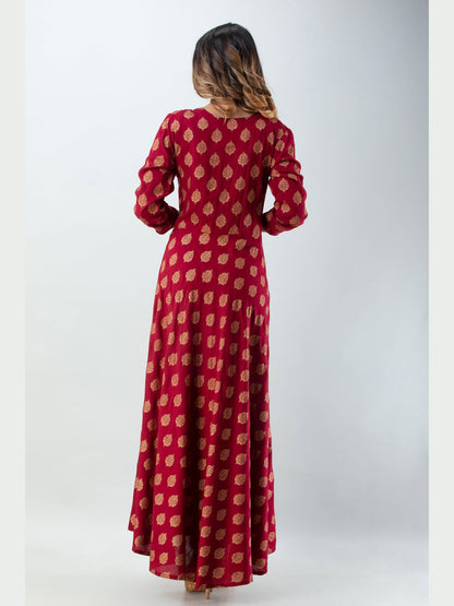 Cotton Printed Round Neck 3/4 Sleeve Flared Ankle Length Kurta
