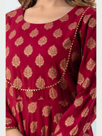 Cotton Printed Round Neck 3/4 Sleeve Flared Ankle Length Kurta