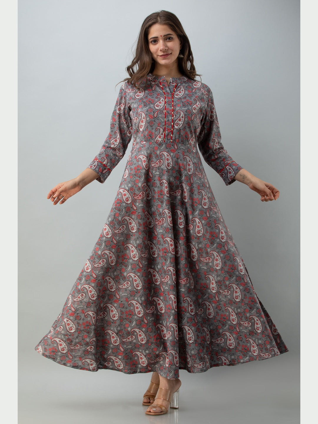 Cotton Printed Mandarin Neck 3/4 Sleeve Flared Ankle Length Kurta