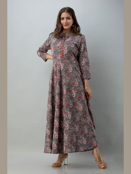Cotton Printed Mandarin Neck 3/4 Sleeve Flared Ankle Length Kurta